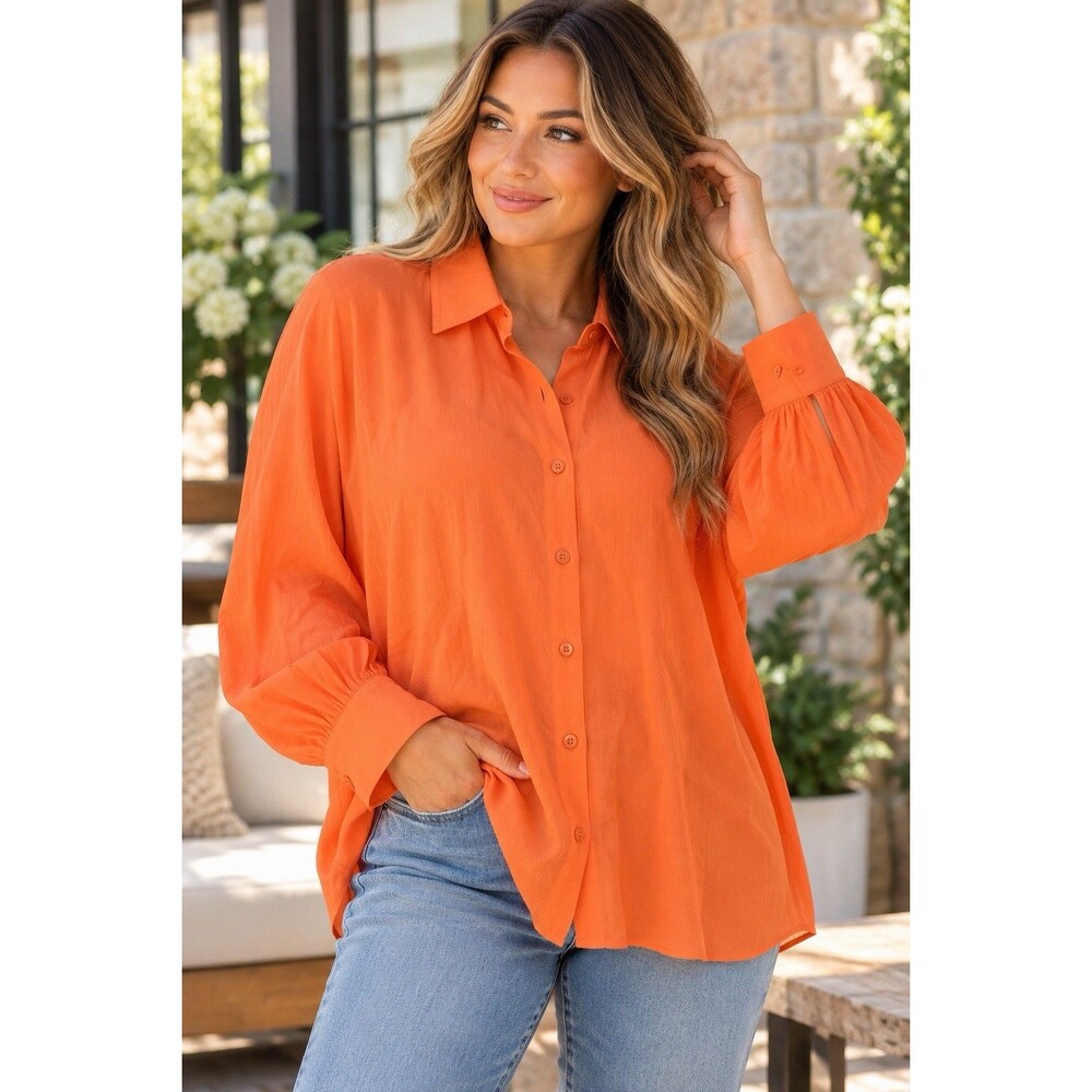 Dixie Large Women Orange Button Down Blouse 100% Viscose Long Sleeve Made Italy